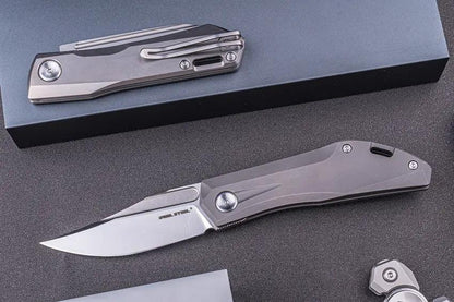 Real Steel Ventus Slip Joint Knife For EDC 4 Inch Closed 3 Inch N690 Clip Point Stonewash Titanium Handle by Real Steel
