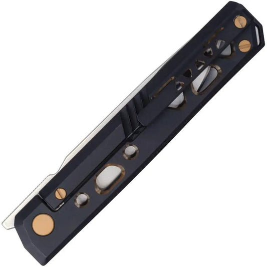 Real Steel Burns Framelock Knife 7661G - Satin VG-10 Blade With Extended Tang And Black Gold Titanium Handle by Real Steel