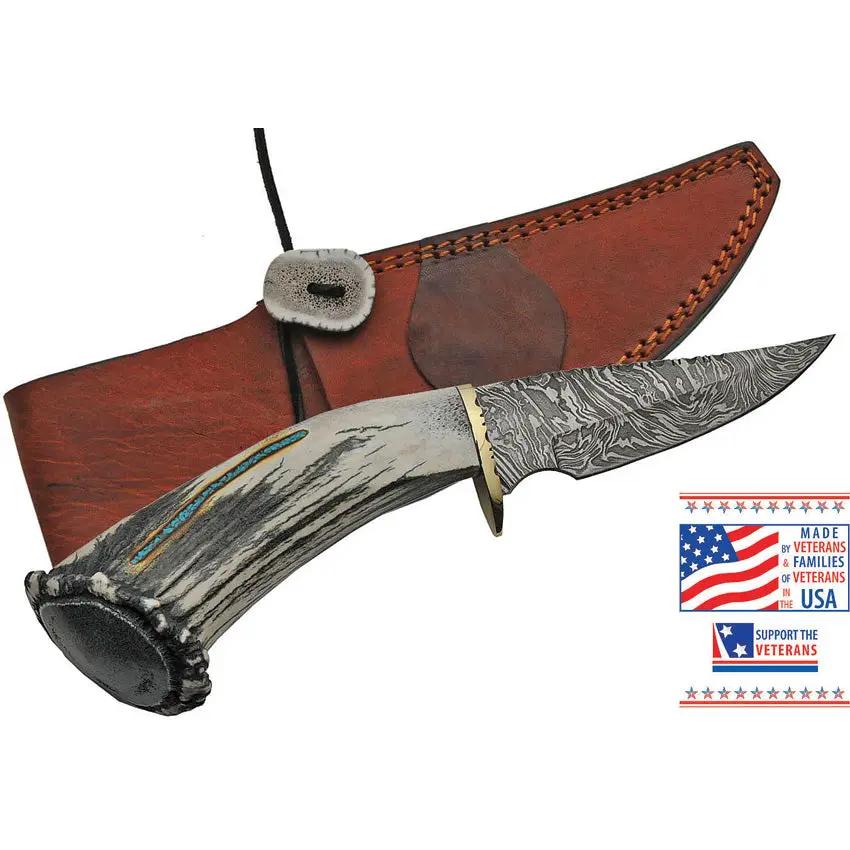 Rite Edge USA Skinner RU-EKDMB4 - Damascus 5 Inch Blade Elk Stag Handle Turquoise Inlay Brass Guard Knife With Sheath by Rite Edge USA