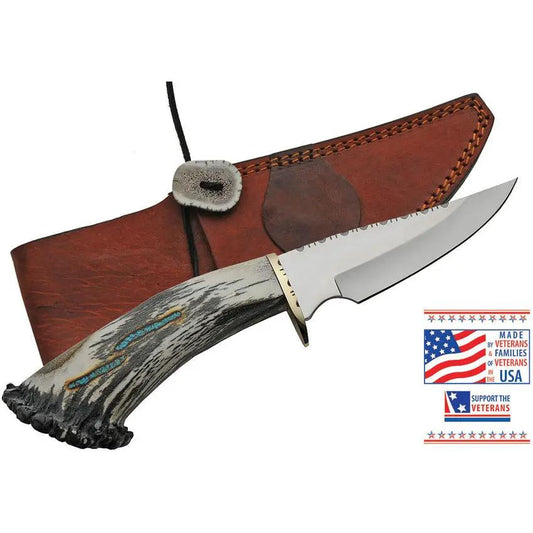 Rite Edge USA Skinner RU-EKB4 - Elk Stag Handle With Turquoise Inlay And Brass Guard Includes Brown Leather Belt Sheath by Rite Edge USA
