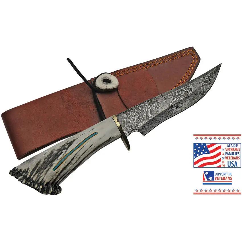 Rite Edge USA Skinner RU-EKDMB3 - Damascus Steel Skinner Blade With Elk Stag Handle Turquoise Inlay by Rite Edge USA