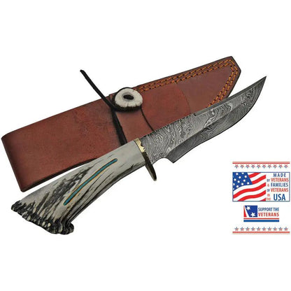 Rite Edge USA Skinner RU-EKDMB3 - Damascus Steel Skinner Blade With Elk Stag Handle Turquoise Inlay by Rite Edge USA