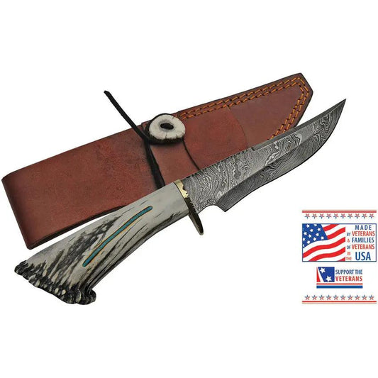 Rite Edge USA Skinner RU-EKDMB3 - Damascus Steel Skinner Blade With Elk Stag Handle Turquoise Inlay by Rite Edge USA