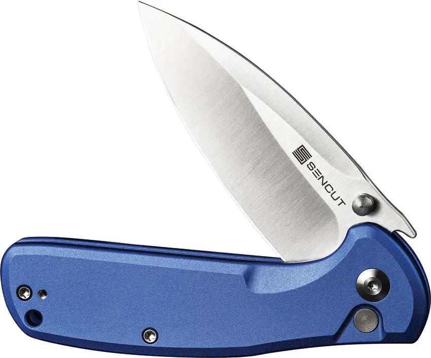 SENCUT ArcBlast Button Lock Blue S22043B-3 - 3in Satin Blade, Blue Aluminum Handle, 4in Closed by SENCUT