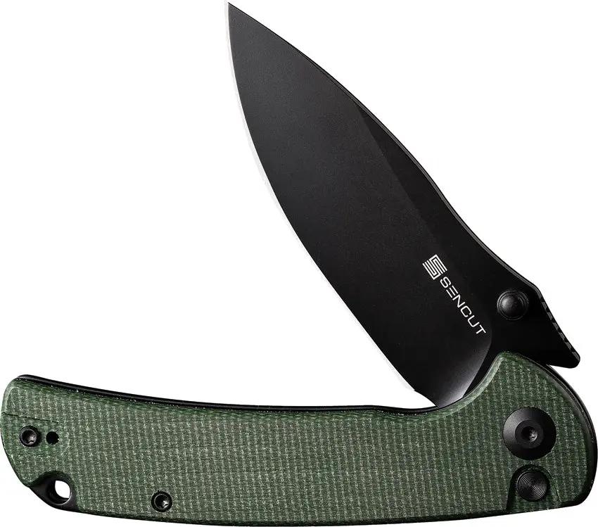SENCUT Pulsewave Button Lock Folding Knife Green Canvas Micarta Handle - Smooth One Hand Deployment by SENCUT