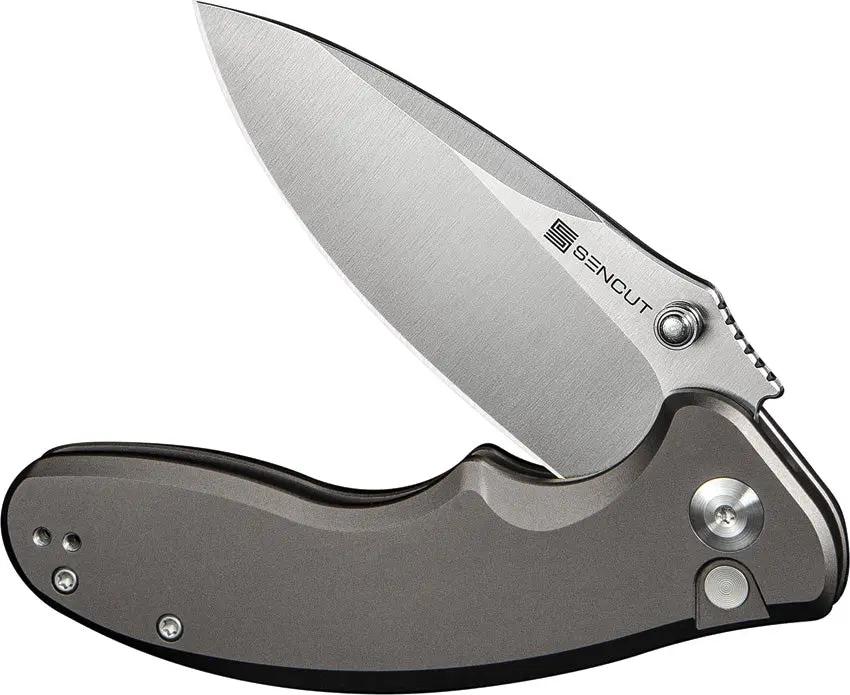 SENCUT Cybrix Button Lock Gray S23098A-2 - 3.5 Inch Satin 9Cr18MoV Blade 4.5 Inch Closed Aluminum Handle by SENCUT