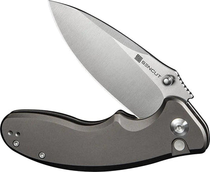 SENCUT Cybrix Button Lock Gray S23098A-2 - 3.5 Inch Satin 9Cr18MoV Blade 4.5 Inch Closed Aluminum Handle by SENCUT