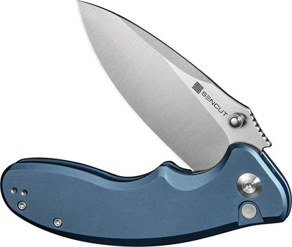 SENCUT Cybrix Button Lock Knife - Blue Aluminum Handle, 9Cr18MoV Blade, 4.5in Closed by SENCUT