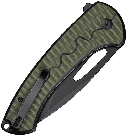 SENCUT Squiggy Button Lock OD S24082A-2 - 9Cr18MoV Drop Point Knife With OD Green G10 Handle by SENCUT