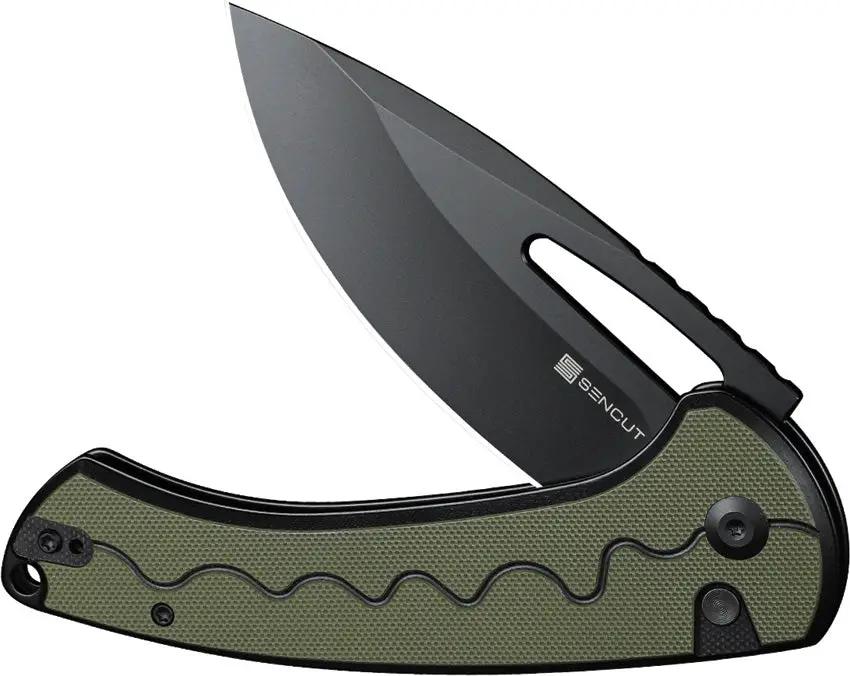 SENCUT Squiggy Button Lock OD S24082A-2 - 9Cr18MoV Drop Point Knife With OD Green G10 Handle by SENCUT