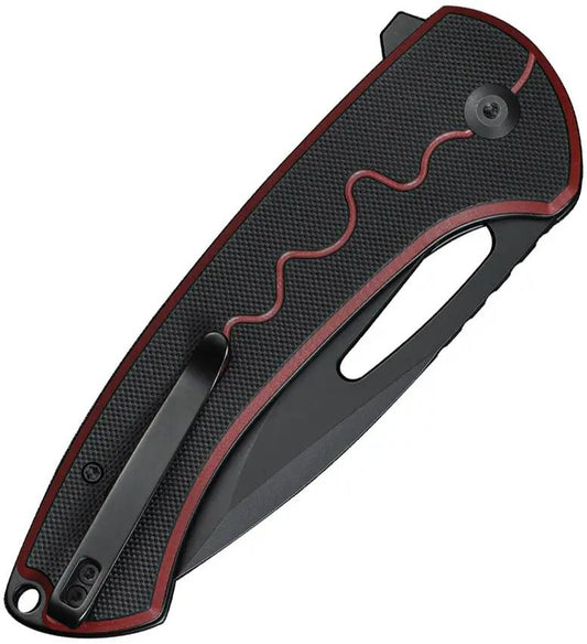 SENCUT Squiggy Button Lock Knife - Red G10 Handle, 3.88in Black 9Cr18MoV Blade, 5.5in Closed With Clip And Case by SENCUT