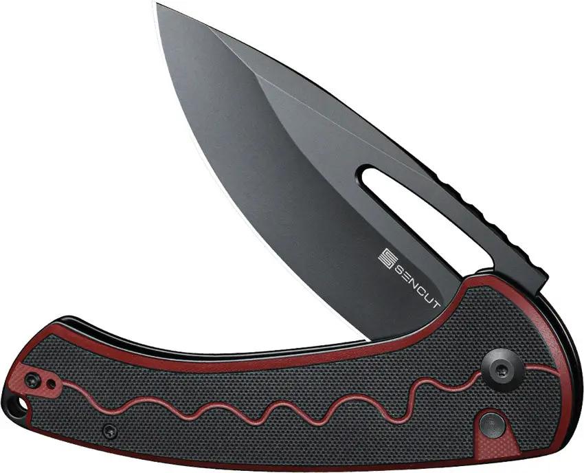 SENCUT Squiggy Button Lock Knife - Red G10 Handle, 3.88in Black 9Cr18MoV Blade, 5.5in Closed With Clip And Case by SENCUT