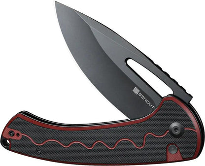 SENCUT Squiggy Button Lock Knife - Red G10 Handle, 3.88in Black 9Cr18MoV Blade, 5.5in Closed With Clip And Case by SENCUT