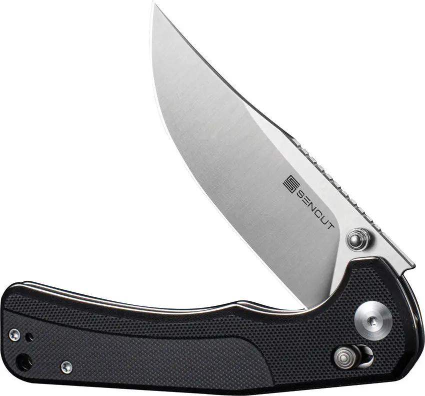 SENCUT Slybolt Crossbar Lock Black S25001-1 - 9Cr18MoV Satin Clip Point Blade Black G10 Handle Thumb Stud by SENCUT