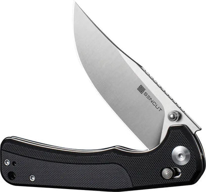 SENCUT Slybolt Crossbar Lock Black S25001-1 - 9Cr18MoV Satin Clip Point Blade Black G10 Handle Thumb Stud by SENCUT