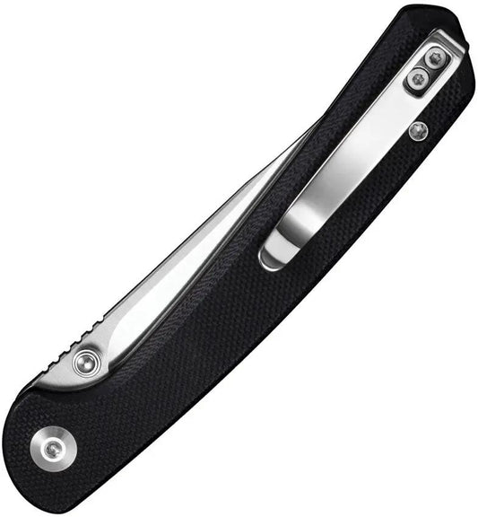 SENCUT Skelfin Button Lock Black S25007-2 - Satin 9Cr18MoV Clip Point Knife With G10 Handle And Thumb Stud by SENCUT