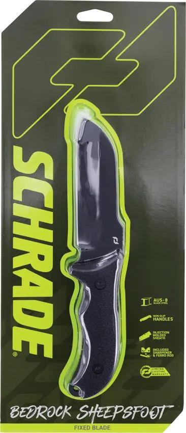 Schrade Bedrock Sheepsfoot Fixed Blade Knife AUS8 Stainless Steel 4.25 Inch Blade Rugged Outdoor - Field Utility by Schrade