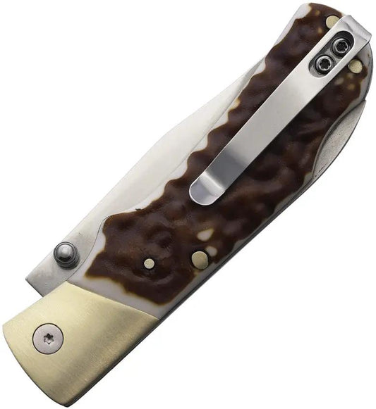 Schrade Uncle Henry Lockback Knife - Staglon Handle With 3.88in Closed Length And 7Cr17MoV Clip Point by Schrade