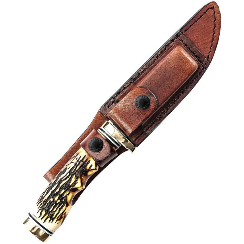 Schrade Uncle Henry Golden Spike Knife 5in Satin Clip Point Fixed Blade - Full Tang With Rugged Leather Sheath by Schrade