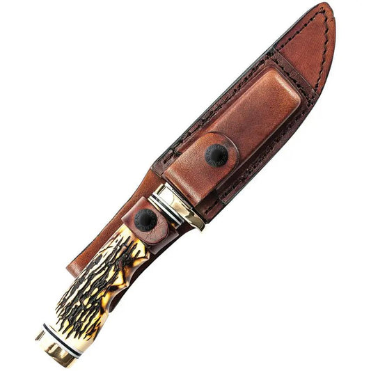 Schrade Uncle Henry Golden Spike Knife 5in Satin Clip Point Fixed Blade - Full Tang With Rugged Leather Sheath by Schrade