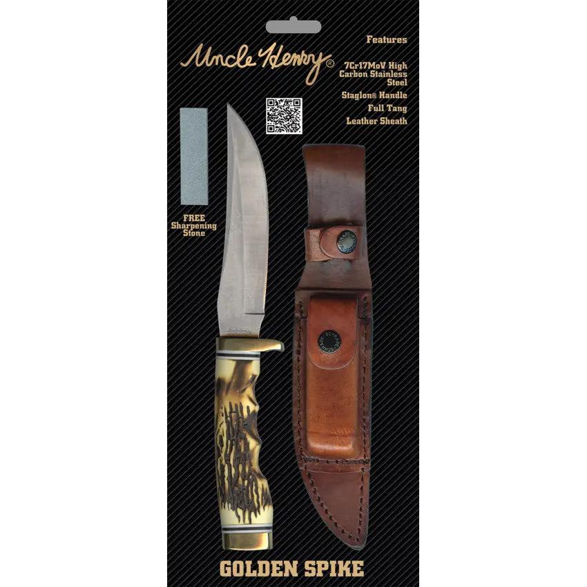 Schrade Uncle Henry Golden Spike Knife 5in Satin Clip Point Fixed Blade - Full Tang With Rugged Leather Sheath by Schrade