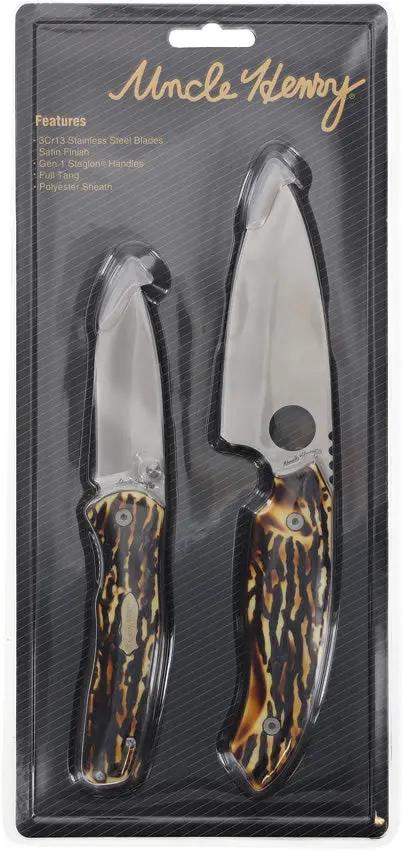 Schrade Uncle Henry UH Fixed Folder Combo Knife - Two Knife Outdoor Set With Satin Blade And Staglon Handle by Schrade