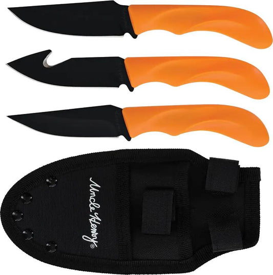 Schrade Uncle Henry 3 Piece Fixed Blade Knife Set For Hunters With Orange Handles - High Visibility Stainless Blades by Schrade