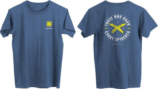 Spyderco Those Who Know Carry Spyderco T Shirt Blue Large Cotton For Knife Enthusiasts Back Motto Crossed Para 3 Knives by Spyderco