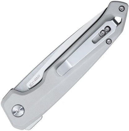 Dots Gear Dude Button Lock Gray A1058-01 - 8Cr14MoV Stainless Drop Point Knife With Gray G10 Handle And Pocket Clip by DOTS Gear