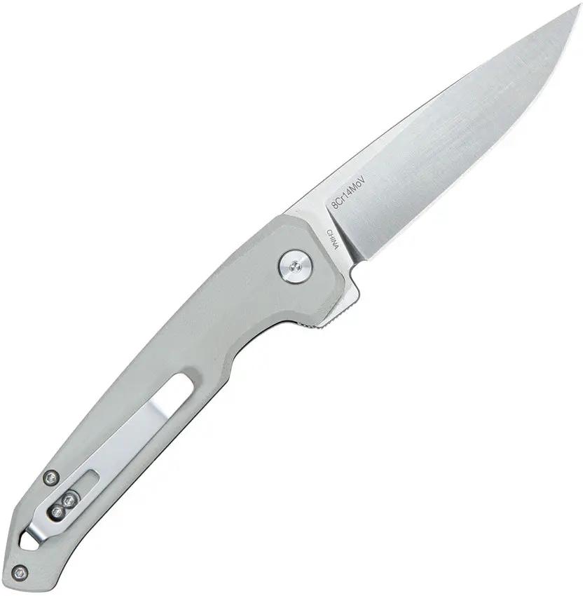 Dots Gear Dude Button Lock Gray A1058-01 - 8Cr14MoV Stainless Drop Point Knife With Gray G10 Handle And Pocket Clip by DOTS Gear
