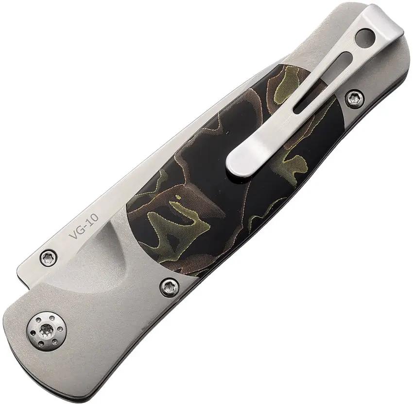 Santa Fe Stoneworks Tesoro Button Lock - Satin VG-10 Blade With Gray Titanium Handle And Brass And Bronze Swirl Inlay by Santa Fe Stoneworks