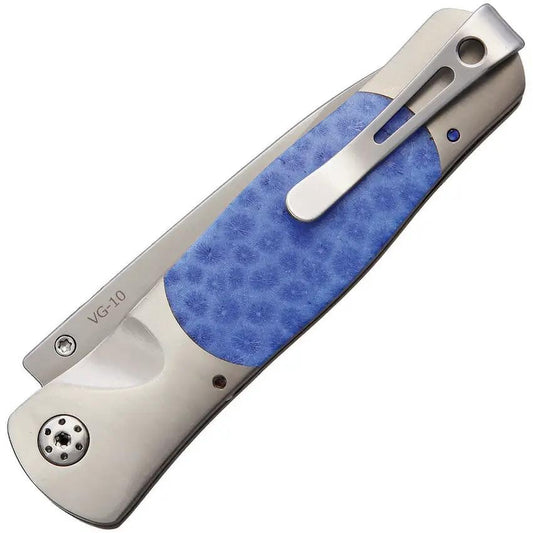 Santa Fe Stoneworks Tesoro Button Lock Knife - Blue Brain Coral Handle With VG-10 Blade by Santa Fe Stoneworks