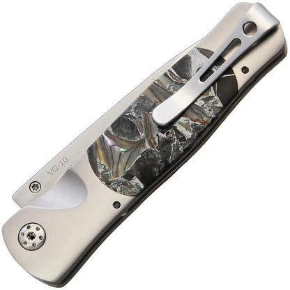 Santa Fe Stoneworks Tesoro Button Lock Obsidian JS01 Obsidian Abalone Bronze Handle Satin VG10 Blade by Santa Fe Stoneworks