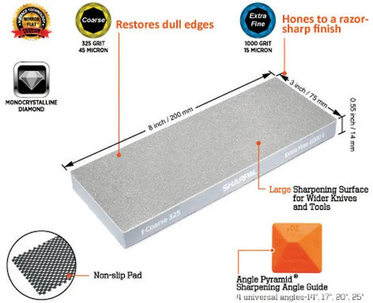 Sharpal Dual Grit Diamond Stone 168H - 3x8 Inch With 325 And 1000 Grit MirrorFlat Precision And Angle Pyramid Guide by Sharpal