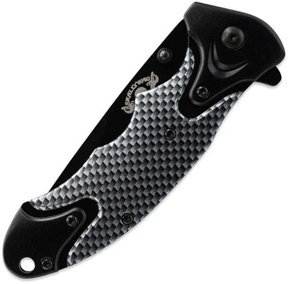 Skallywag Tactical Orca Linerlock Knife - Black Handle, Faux Carbon Fiber Inlay, Partially Serrated 420 Stainless by Skallywag Tactical