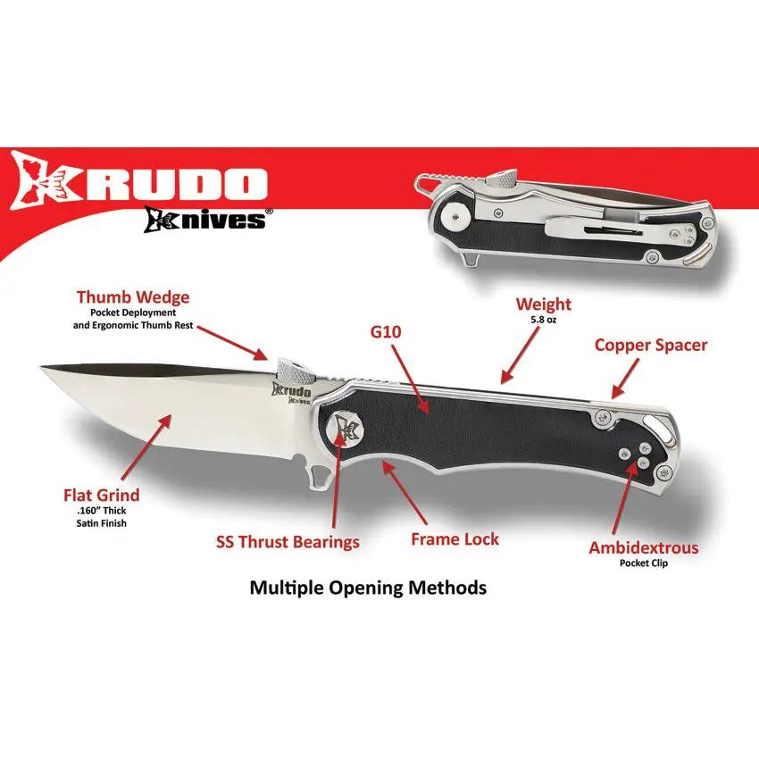 Krudo Karsino 10 LTE Framelock Knife - Satin 8Cr13MoV Blade With Black G10 Handle by Krudo