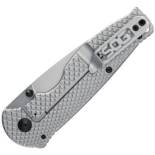 SOG Flash Framelock Knife - 3.25 Inch 8Cr13MoV Blade, Stonewash Finish, Checkered Stainless Handle, EDC Ready by SOG