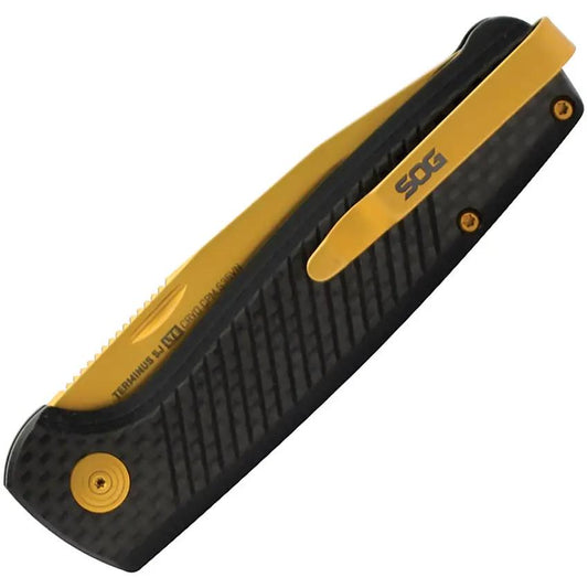 SOG Terminus SJ LTE Premium Gold Folding Knife - 3-Inch TiNi-Coated D2 Blade, EDC Ready, Black G10 CF Handle by Sog
