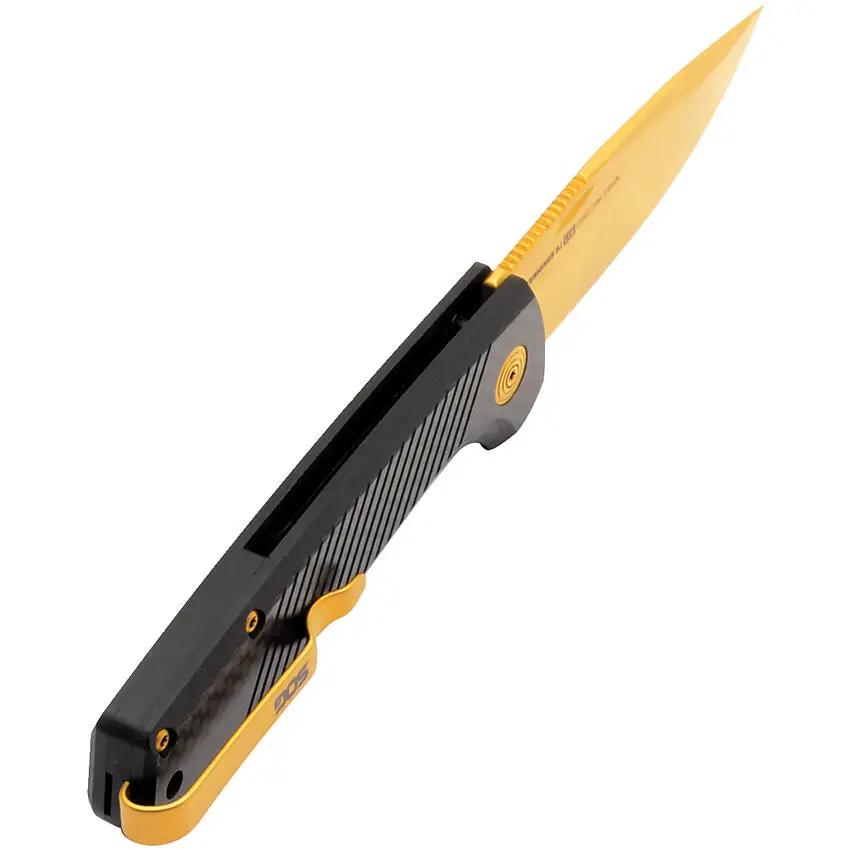 SOG Terminus SJ LTE Premium Gold Folding Knife - 3-Inch TiNi-Coated D2 Blade, EDC Ready, Black G10 CF Handle by Sog