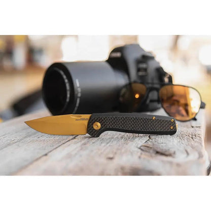 SOG Terminus SJ LTE Premium Gold Folding Knife - 3-Inch TiNi-Coated D2 Blade, EDC Ready, Black G10 CF Handle by Sog