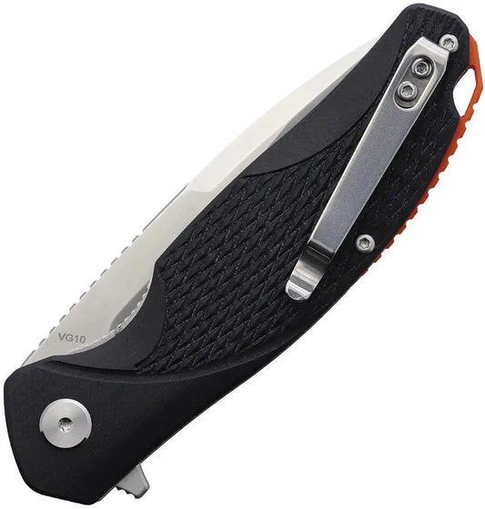 Spika Bushmaster Raider Linerlock - VG-10 Satin Blade, Black G10 Handle, Extended Tang, Lanyard Hole, Orange Backspacer by Spika