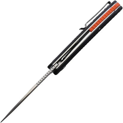 Spika Bushmaster Raider Linerlock - VG-10 Satin Blade, Black G10 Handle, Extended Tang, Lanyard Hole, Orange Backspacer by Spika