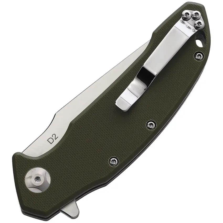SacTapBang EDC Linerlock - 3.25in Satin D2 Tanto Blade OD Green G10 Handle Extended Tang Lanyard Hole Pocket Clip by SacTapBang EDC