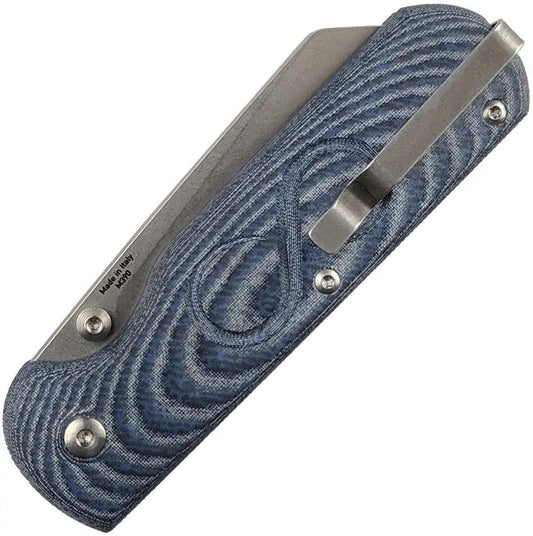 Straight Line Rox Button Lock Denim Micarta Knife - 2.75in Bohler M390 Stonewash Blade, Denim Micarta Handle by Straight Line