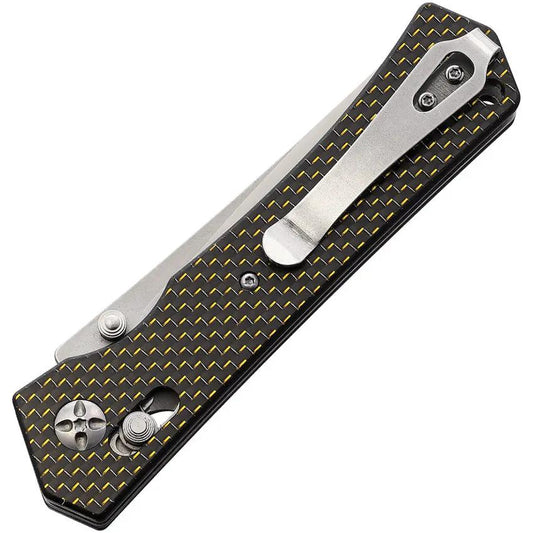 S-TEC Axis Lock Folding Knife TS024 Carbon Fiber Gold Handle For EDC Enthusiasts, 4.5in Closed, 3.5in Satin D2 Blade by S-TEC
