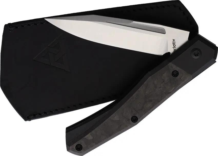 Suprlativ Infidel Slip Joint Black Titanium Handle Satin CPM-M4 Blade Leather Pouch Included - Camo Fat Carbon Inlay by Suprlativ