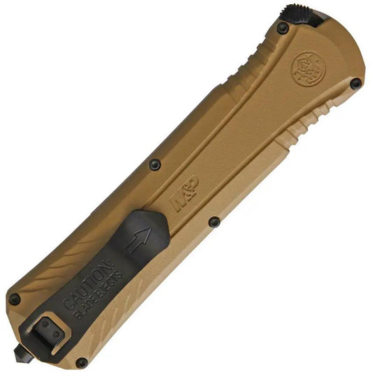 Smith And Wesson Out The Front OTF Assisted Opening Knife - Tactical EDC With Glass Breaker Tan Aluminum Handle by Smith & Wesson