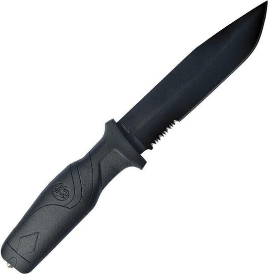Smith and Wesson Fixed Blade Knife for First Responders and Search Rescue 11in Black Partial Serrated Blade Glass Breaker by Smith & Wesson