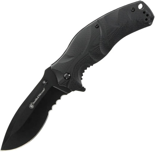 Smith And Wesson Black Ops Linerlock Auto Opening Folding Knife 3.5 Inch Partial Serrated Stainless Blade For EDC by Smith & Wesson