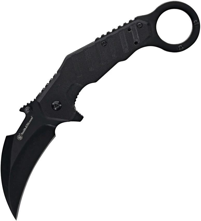 Smith and Wesson Extreme Ops Linerlock Assisted Opening Karambit Knife 4.5 Inch Closed Black TiNi 8Cr13MoV For EDC by Smith & Wesson